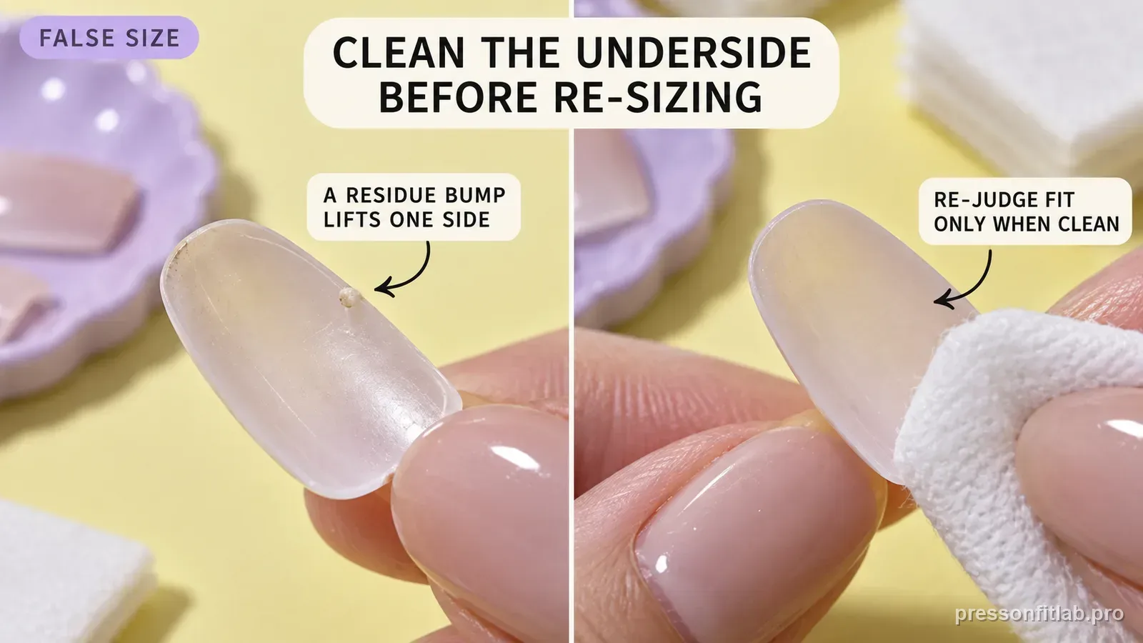 Step detail illustration: Residue can create a false size problem.