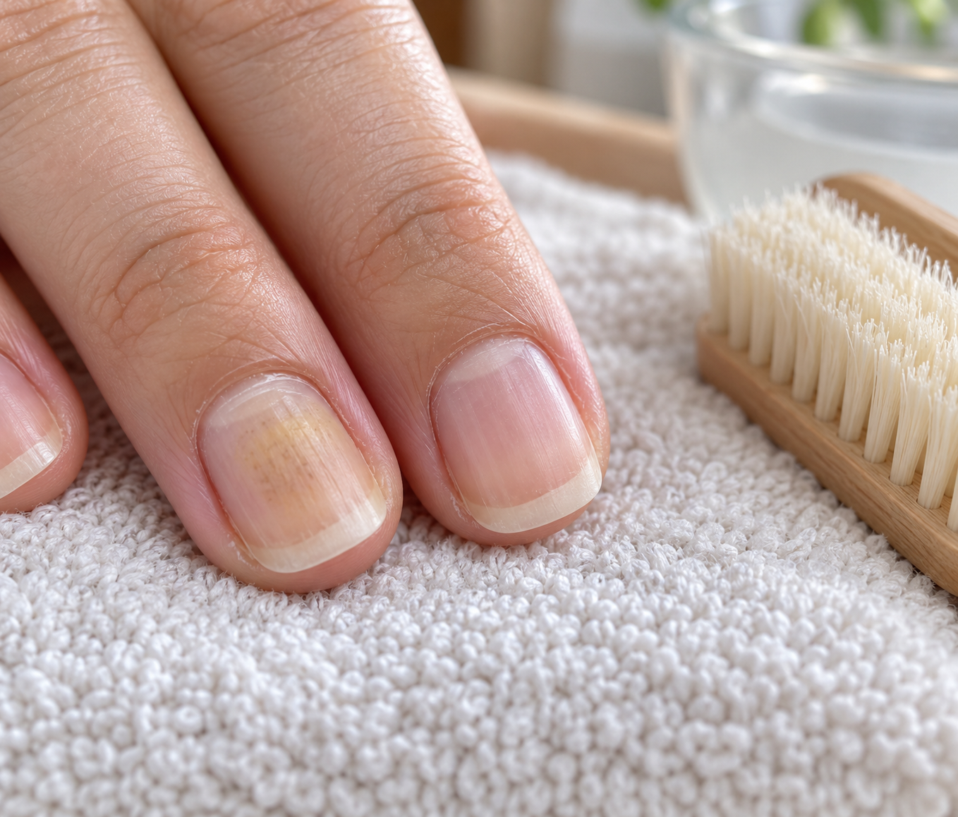 Bare natural nails after removal, showing mild surface pigment staining on one nail and a clear neighboring nail.